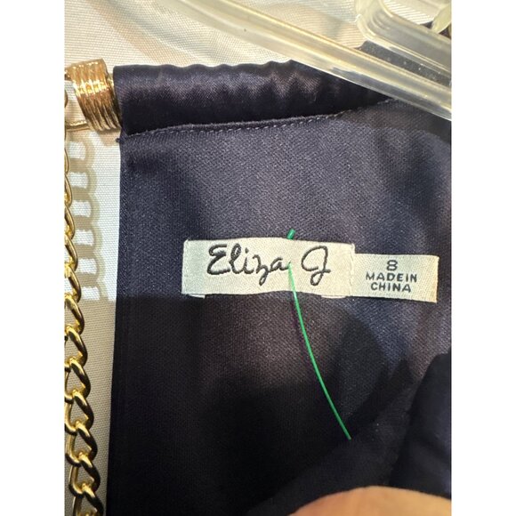 Eliza J Blue Satin Sleeveless Halter Dress With Gold Chain Detail & Back Zipper - Picture 4 of 7